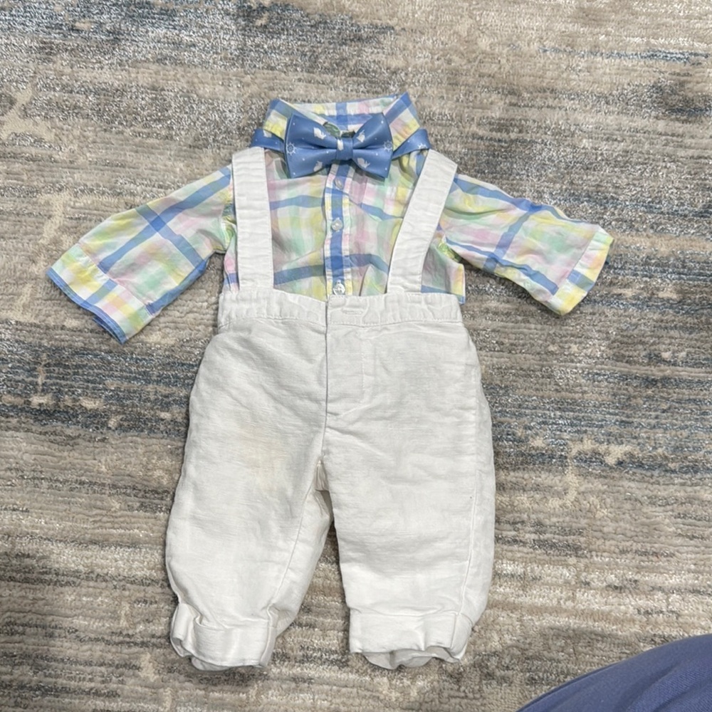 Janie and Jack Pastel Plaid Shirt with White Overalls